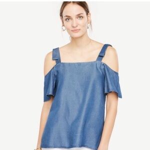 Ann Taylor Petite Blue Denim Like Chambray Bow Cold Shoulder Blouse Size XS